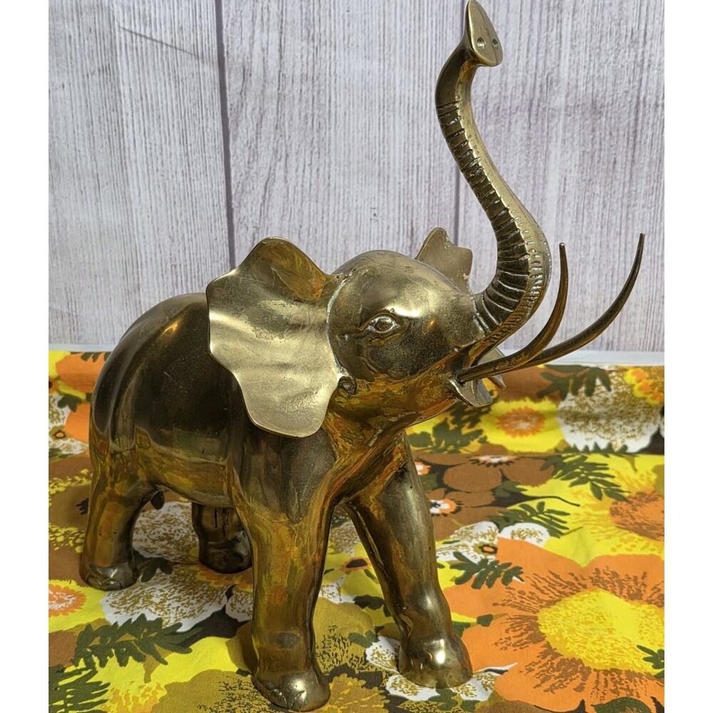 Vintage Heavy Brass Elephant Statue Hollywood Regency Safari Decor Lucky